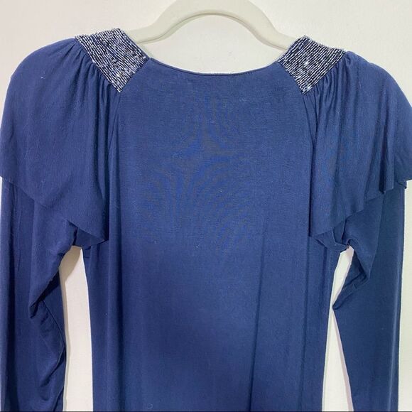 CHLOE Blue Long Sleeved Midi Dress with Beaded Collar and Fringed Shoulders - Picture 8 of 9